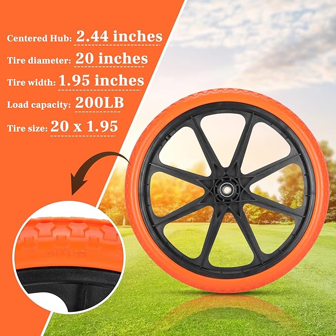 Upgraded 20x1.95" Flat Free Tires Compatible with rubber-maid Wheelbarrow Wheels, 20" Flat Free Tires with 3/4" Bearing Replacement for rubber-maid Cart Wheels/Big Wheel Utility Carts(3/4" Bearing)