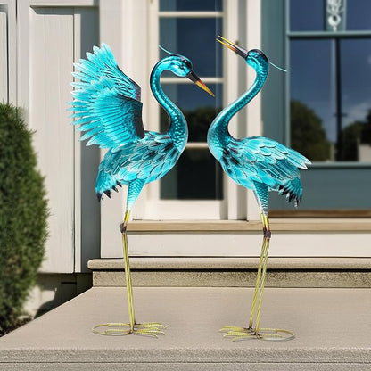 36.75in Metal Heron Garden Statue Handmade Oversize Crane Sculptures with Stable Ground Stakes, Backyard Decoration, Metal Garden Art