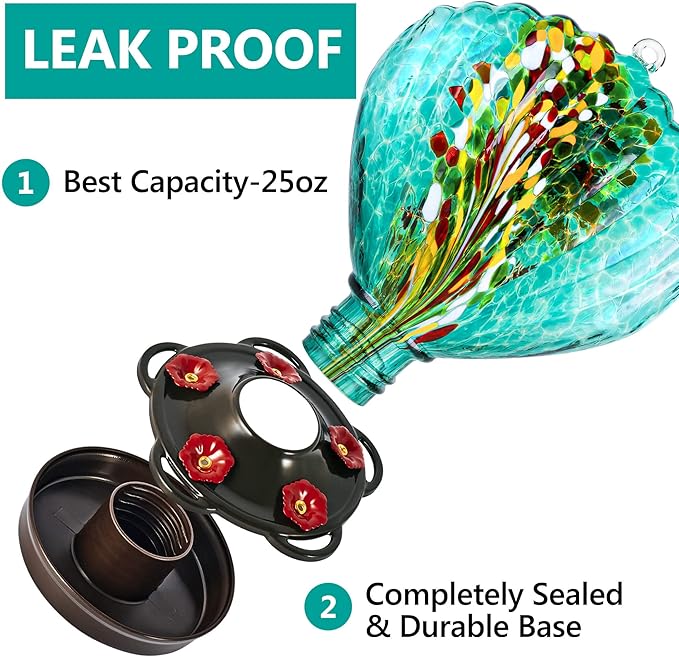 LUJII Seashell Shaped Hand Blown Glass Hummingbird Feeder for Outdoors Hanging, Rust Proof & Leak Proof, 25 fl.oz, Unique Gardening Gift for Women, Garden & Backyard Decor, Teal