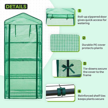 EAGLE PEAK 4-Tier Mini Greenhouse Portable Green House with Shelves & Weather-Resistant PE Cover, Small Greenhouse for Seedlings & Gardening Gifts, 27x19x64 in, Clear/Green