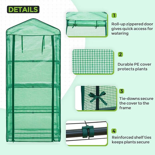 EAGLE PEAK 4-Tier Mini Greenhouse Portable Green House with Shelves & Weather-Resistant PE Cover, Small Greenhouse for Seedlings & Gardening Gifts, 27x19x64 in, Clear/Green