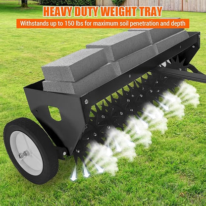 Tow Behind Aerator 40 Inch with Steel Teeth and Transport Wheels, Adjustable Handle Pull Behind Plug Aerator with Tray for Farm Lawn Garden, Durable Lawn Aeration Tool