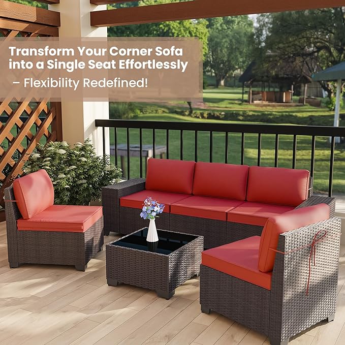 Outdoor Patio Furniture Set, 6 Pcs Outdoor Furniture All Weather Patio Sectional Sofas PE Wicker Modular Conversation Set with Coffee Table,5 Chairs & Seat Clips Red