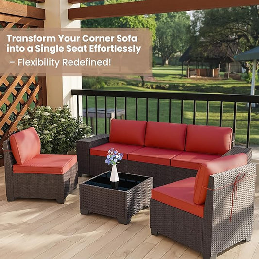 Outdoor Patio Furniture Set, 6 Pcs Outdoor Furniture All Weather Patio Sectional Sofas PE Wicker Modular Conversation Set with Coffee Table,5 Chairs & Seat Clips Red