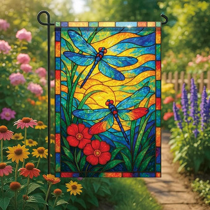 Spring Summer Dragonfly Stained Glass Garden Flag 12x18 Inch Vertical Double Sided Vibrant Outdoor Decor for Yard Lawn Patio Garden Flag for Seasonal Home and Garden Decoration