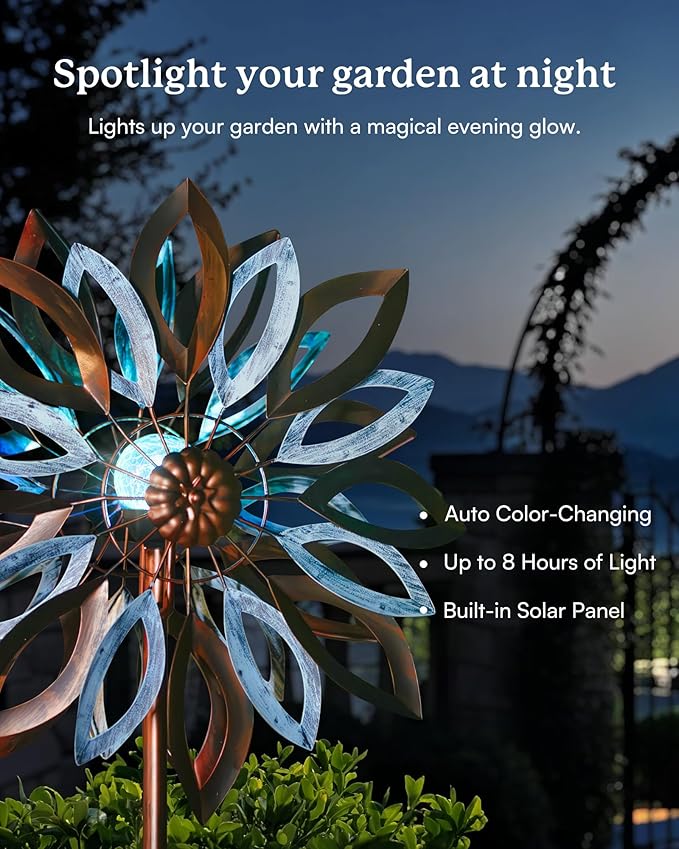 Yard Garden Wind Spinners with Solar Lights, Large Outdoor Metal Wind Spinners, Lawn Yard Art Garden Decor (22" W x 87" H)