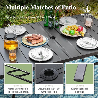 HERA'S HOUSE 7 Pieces Patio Dining Set for 6, Outdoor PE Rattan Chairs and Black Metal Table with 1.57" Umbrella Hole, Outdoor Patio Set for Deck, Balcony, Backyard, Garden