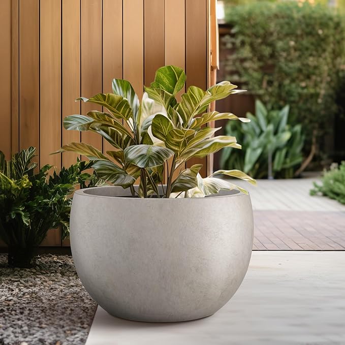 Kante 19.9" Dia Round Concrete Planter, Outdoor/Indoor Large Bowl Plant Pots with Drainage Hole and Rubber Plug for Garden Patio Balcony Home, Weathered Concrete