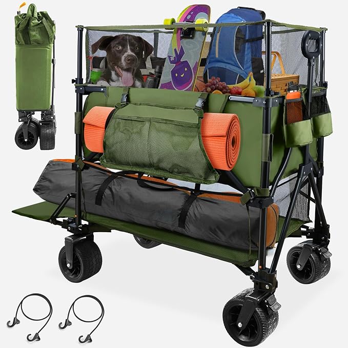 HOPERAN 550L XXL Wagons Carts Foldable, 54" Extra Length & Height Double Deck Collapsible Wagon Cart with Tailgate, 8" Big All-Terrain Wheels, 550lbs Load Utility Grocery Cart for Camping,Sports,Beach