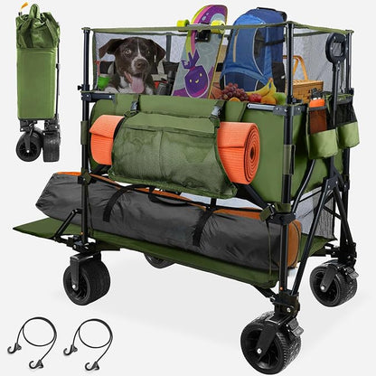 HOPERAN 550L XXL Wagons Carts Foldable, 54" Extra Length & Height Double Deck Collapsible Wagon Cart with Tailgate, 8" Big All-Terrain Wheels, 550lbs Load Utility Grocery Cart for Camping,Sports,Beach
