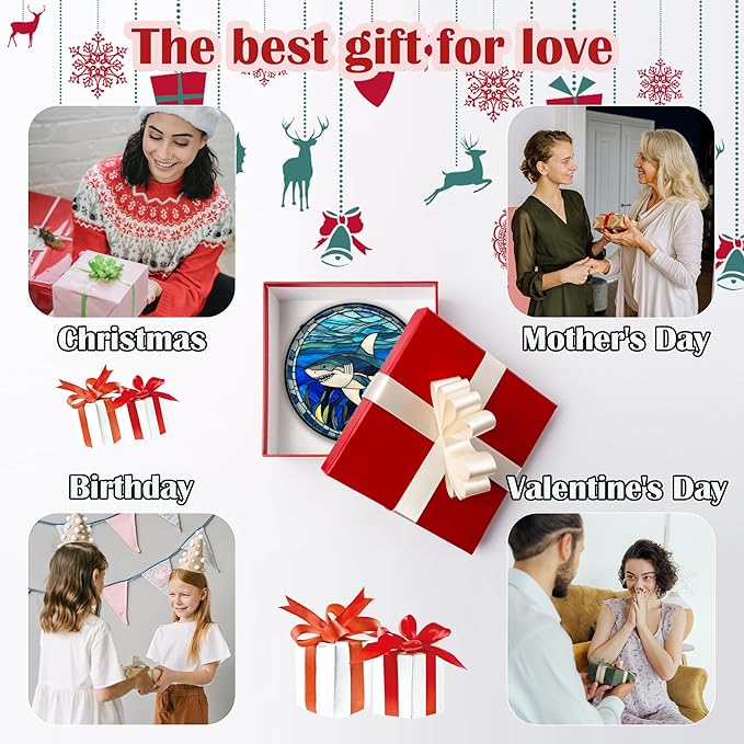 Stained Glass Suncatcher, Blue Ocean Big Shark Sun Catcher Waterweed Stain Glass Window Hanging Decoration Mother's Day Birthday Gifts for Women Men Mom Nana 15 in