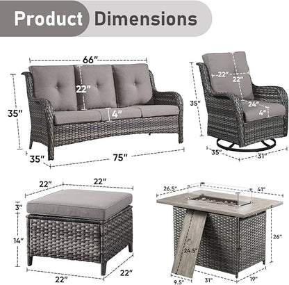 Wicker Outdoor Conversation Se with 50,000 BTU Gas Propane Fire Pit Tablet-6 Pieces Outdoor Wicker High Back Couch Patio Furniture for Deck Poolside Backyard