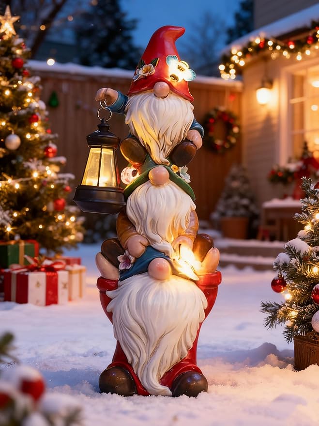 Mom Christmas Gnome Statue with Solar Lights Garden Sculptures Funny Triple Gnome Outdoor Patio Lawn Yard Balcony Home Decor Birthday Gifts for Woman Grandma 12 in Thanksgiving Gnome