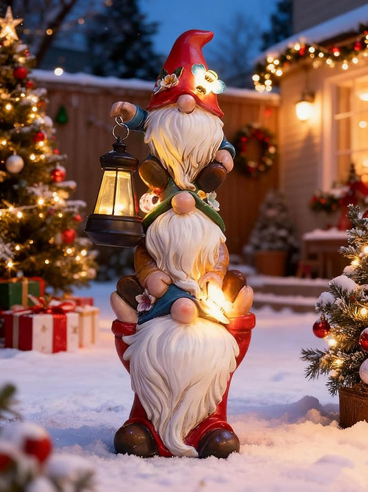Mom Christmas Gnome Statue with Solar Lights Garden Sculptures Funny Triple Gnome Outdoor Patio Lawn Yard Balcony Home Decor Birthday Gifts for Woman Grandma 12 in Thanksgiving Gnome
