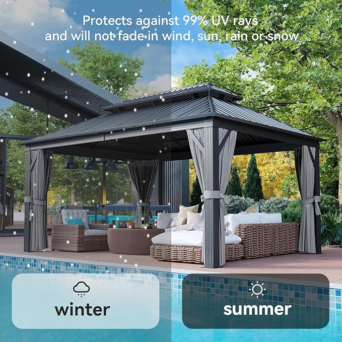 Aoxun Hardtop Gazebo 12FT X 16FT, Outdoor Pergolas with Mosquito Netting and Curtains, Galvanized Steel Double Roof Permanent Aluminum Gazebo, and LED Outdoor Waterproof Hanging Lights