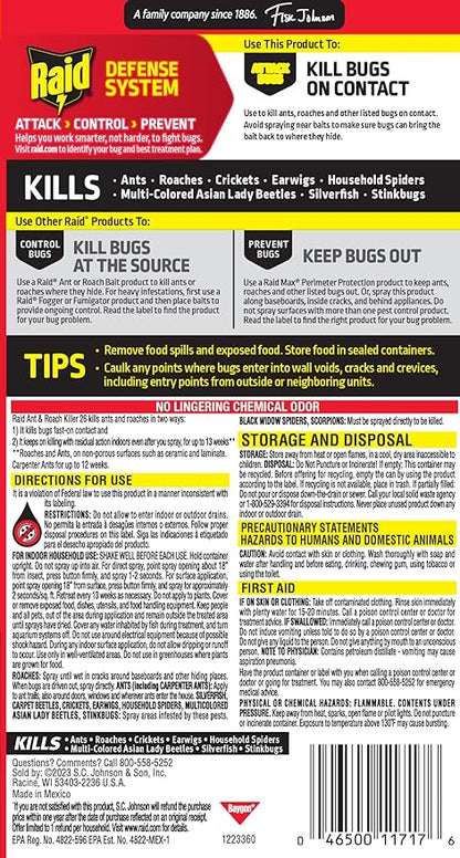 Raid Ant & Roach Killer 26, Fragrance Free Bug Killer for Home Use, Kills Bugs on Contact, 17.5 Oz, 2 Count