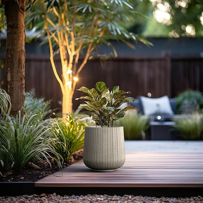 Kante 13.0" Dia Round Fluted Concrete Planter, Large Plant Pot with Drainage, Smooth Weathered Concrete Finish with Warm Brown Interior, for Indoor and Outdoor Use