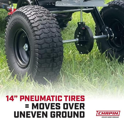Chapin 8622B Made in The USA 2.2 Cubic Feet Tow and Pull Behind Spreader with Auto-Stop Dual Impeller That Stops When Not Moving, Designed for Farm and Tough Terrain, Hitch Pins, Black