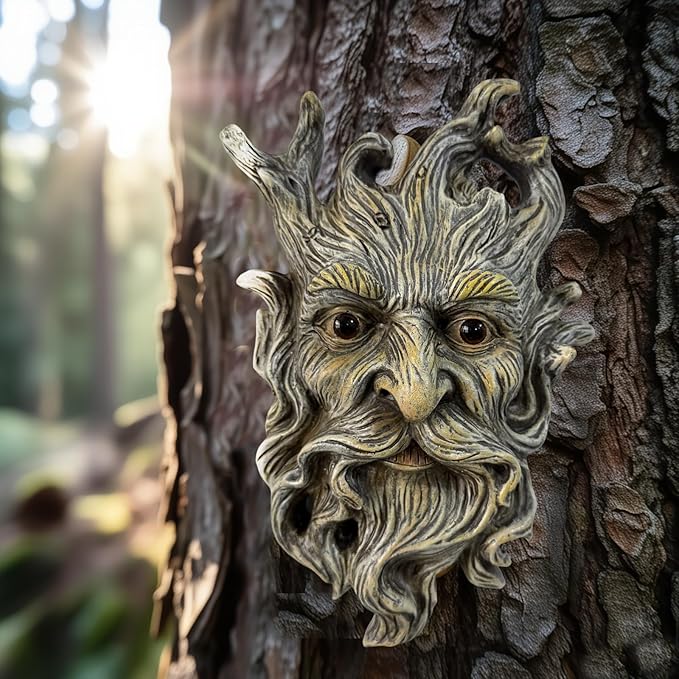 Mustache Tree Face Sculpture, Funny Mustache Old Man Tree Hugger Statue, Indoor & Outdoor Creative Props for Garden and Home,9" x 7" x 2.4"