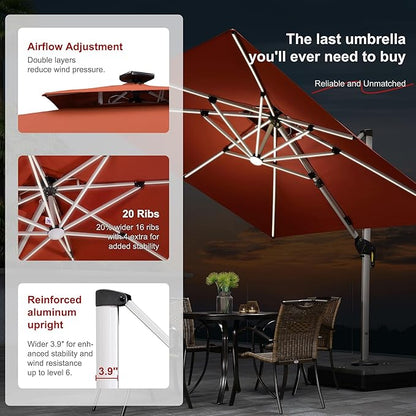 PURPLE LEAF 9 Feet Double Top Deluxe Solar Powered LED Square Patio Umbrella Offset Hanging Umbrella Outdoor Market Umbrella Garden Umbrella, Brick Red