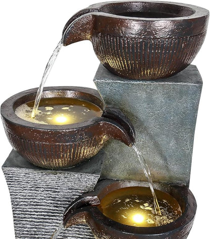 53.5” Tall 6-Tier Outdoor Water Fountain with LED Lights – Relaxing Cascading Resin Jar Waterfall for Garden, Patio, Backyard & Indoor Home Décor