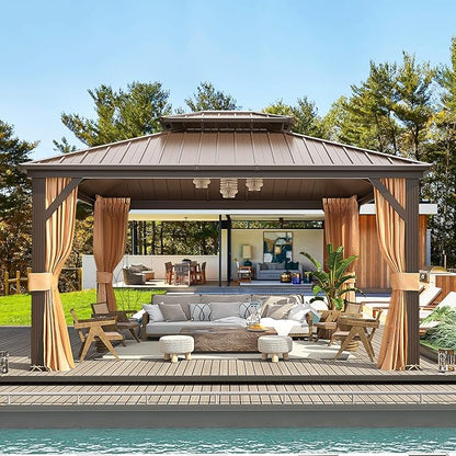 MELLCOM 12'x14' Hardtop Gazebo, Metal Double Roof Aluminum Gazebos with Curtain and Netting,Brown Permanent Galvanized Steel Pavilion for Patio, Lawn & Deck