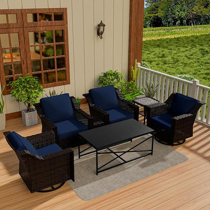 Vista Vibe 6 Pieces Outdoor Rattan Patio Conversation Furniture Set - 360 Degree Swivel Glider Rocker Chairs | Coffee Table | 2 Wicker Chairs, Washable Cushions, Terrace, Sunroom (Brown/Navy)