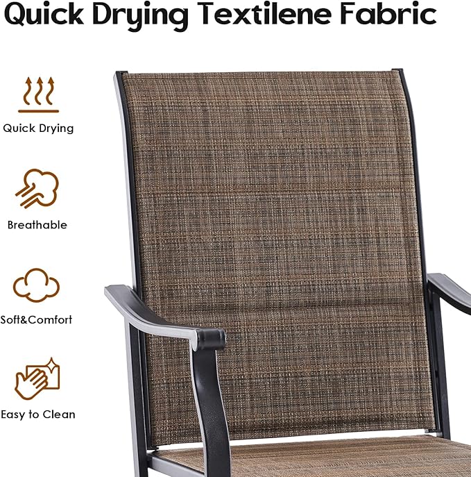 Patio Swivel Chairs Set of 2, Outdoor Dining Chairs with Padded Textilene, Swivel & Rocker Metal Outdoor Patio Dining Chairs All-Weather for Backyard, Brown Fabric with Black Frame