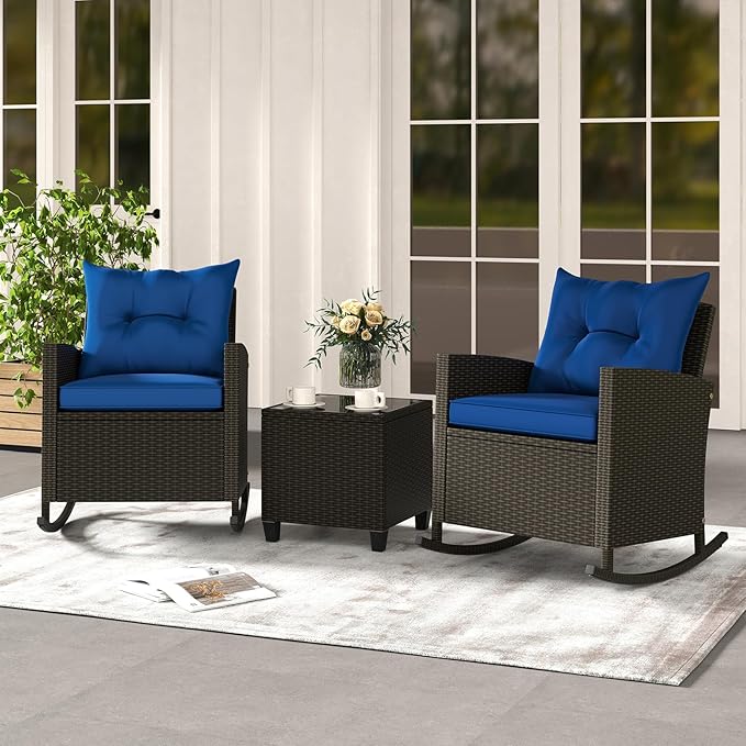 ORALNER 3 Pieces Patio Furniture Set, Outdoor Wicker Rocking Chairs with Soft Cushions, Glass Coffee Table, Rattan Conversation Bistro Set for Front Porch Balcony Garden Deck Poolside (Navy)