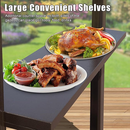 Domi 8x5FT Hardtop Grill Gazebo, Outdoor BBQ Gazebo with 2 Side Shelves and Ceiling Hook, Metal Grill Canopy with Galvanized Steel Double Roof for Patio Lawn Patio Backyard Deck, Brown