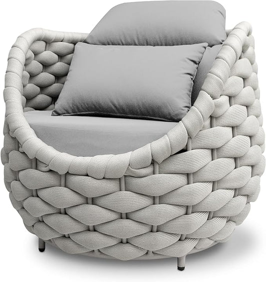 Patio Accent Chairs: Aluminum Porch Lounge Chair with Arms - Woven Rope Cushioned Armchair - Modern One Seater Chair - Outdoor Deck Furniture for 400lbs Balcony Lanai Poolside Garden Hotel, Gray