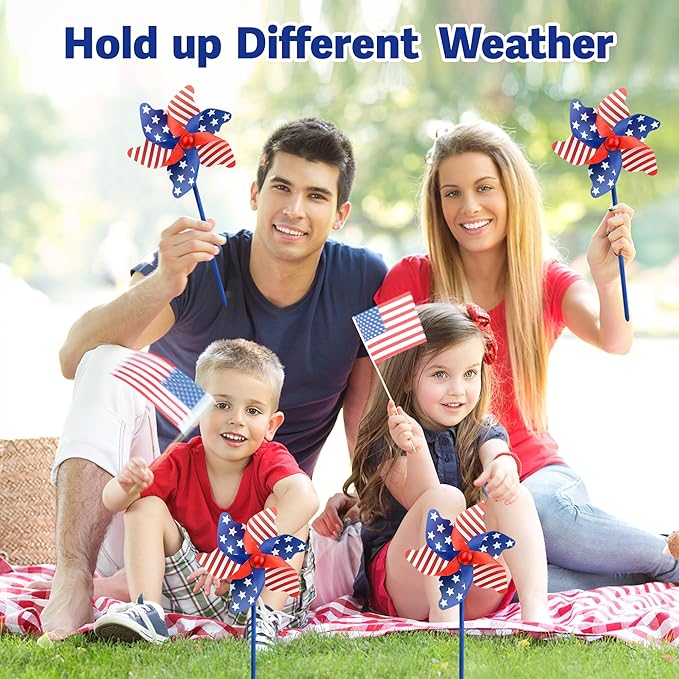 IiILittle 12 Pack Patriotic Pinwheels, No Assembly Required, American Flag Pinwheels, Wind Spinners for Yard for 4th of July Decor, Memorial Day Decor, Patriotic Outdoor Decor