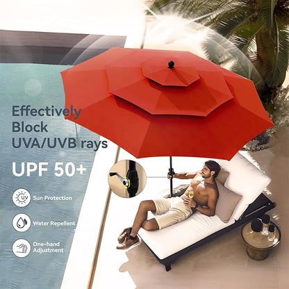 PHI VILLA Patio Dining Set 5 pcs with Umbrella(Orange Red),1 Square Metal Table& 4 Metal Outdoor Stackable Chairs and 1 10ft 3 Tier Auto-tilt Umbrella (Base Not Included)