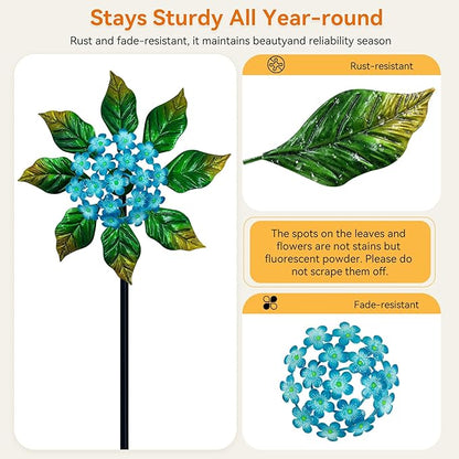 Solar Glow Garden Wind Spinner Outdoor, 13" W Flower Metal Wind Spinner & Sculptures with Fluorescent Coating, Kinetic Windmill for Yard Lawn Patio Decor, Blue