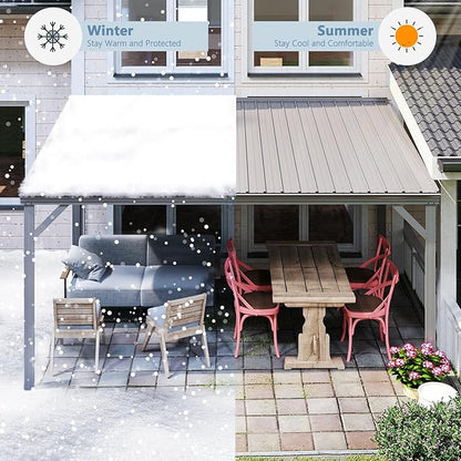 Domi 10’x14’ Wall-Mounted Hardtop Gazebo Pergola – Permanent Lean-to Outdoor Shelter with Sloped Galvanized Steel Roof & Upgraded Drainage – Grey Metal Patio Cover for Backyard, Deck, Garden