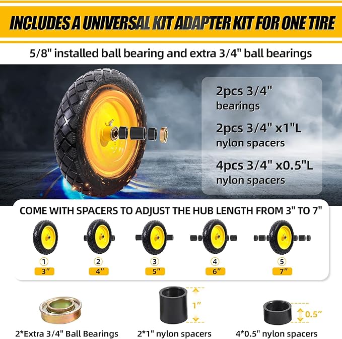 MZREXN 4.80/4.00-8" Flat Free Tire and Wheel, 15" Solid Wheelbarrow Tires, 3.00-4.00/4.80-8" with 5/8" & 3/4" Bearings, 3" Centered Hub for Hand Truck Garden Trailers Utility Cart Yard Wagon Yellow