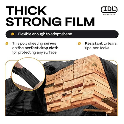 Black Construction Plastic Sheeting 6 mil, 40' x 100' (4000 sq. ft.) - Thick Plastic Cover for Construction, Painting, Greenhouse - Heavy Duty Plastic Sheeting - LDPE Plastic Roll by IDL Packaging