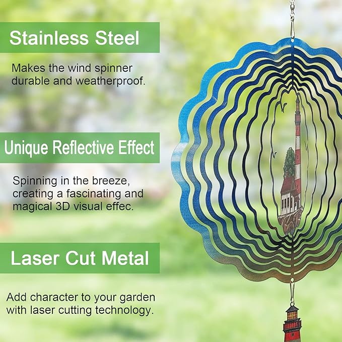 Lighthouse Wind Spinner,Metal Wind Spinners for Outdoor,3D Double Sided Hanging Beach Decor for Indoor,Outdoor,Unique Gifts for Women
