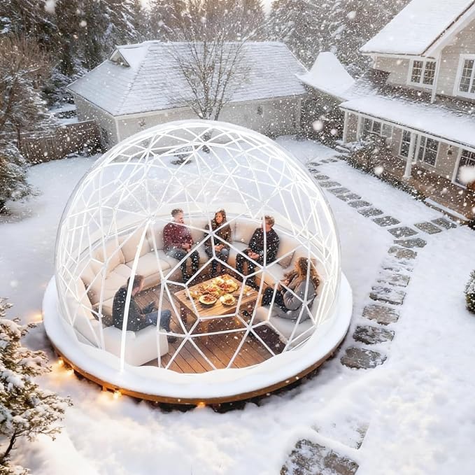 12FT Garden Dome Tent, Geodesic Dome Greenhouse with PVC Clear Cover, Waterproof Garden Bubble Dome Tent House with 2 x 10M Light Strings for Outdoor, Patio, Backyard, Party (White Edge, 12.5FT/3.8M)