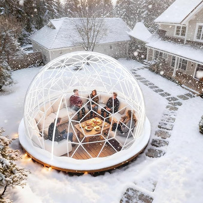 12FT Garden Dome Tent, Geodesic Dome Greenhouse with PVC Clear Cover, Waterproof Garden Bubble Dome Tent House with 2 x 10M Light Strings for Outdoor, Patio, Backyard, Party (White Edge, 12.5FT/3.8M)