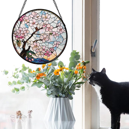 Stained Glass Window Hanging - Cherry Blossoms Suncatcher for Door Garden Home Decor Pink Flowers Sun Catcher Christmas Birthday for Friend Lovers Women Mom Nana 9.8 in
