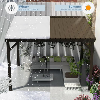 Domi 8’x10’ Wall-Mounted Hardtop Gazebo Pergola – Permanent Lean-to Outdoor Shelter with Sloped Galvanized Steel Roof & Upgraded Drainage – Grey Metal Patio Cover for Backyard, Deck, Garden,Brown