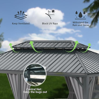 Domi 12'x18' Hardtop Gazebo Canopy Metal,Outdoor Aluminum Gazebo with Galvanized Steel Double Roof,Permanent Gazebo Pavilion for Patio Deck Backyard,Curtain and Netting,Grey