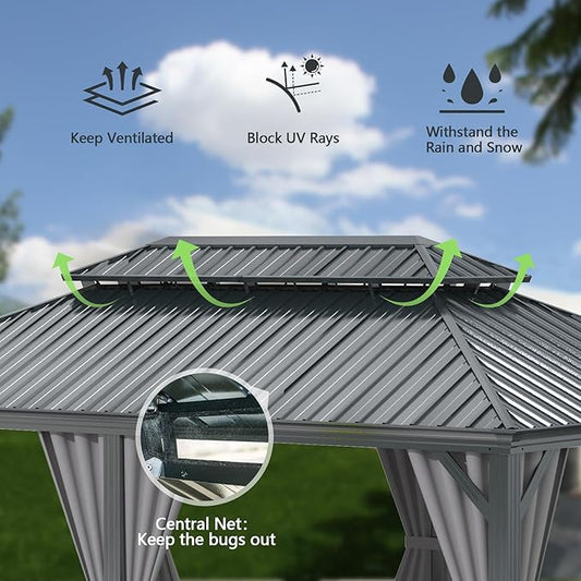 Domi 14'x20' Hardtop Gazebo Canopy,Outdoor Aluminum Gazebo with Galvanized Steel Double Roof,Large Permanent Gazebo Pavilion for Patio Deck Backyard,Curtain and Netting,Grey