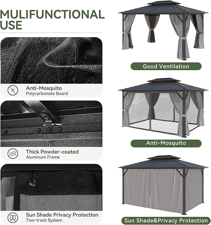 Aoxun 10'x12' Hardtop Gazebo, Aluminum Frame Canopy with Double Galvanized Steel Roof, Outdoor Metal Pavilion with Netting, Curtains for Backyard, Patio and Deck