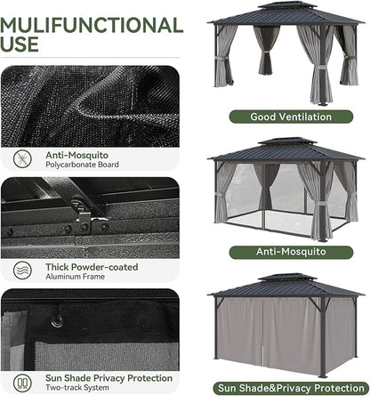 Aoxun 10'x12' Hardtop Gazebo, Aluminum Frame Canopy with Double Galvanized Steel Roof, Outdoor Metal Pavilion with Netting, Curtains for Backyard, Patio and Deck