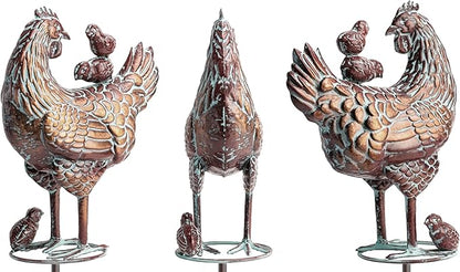 3D Large Metal Hen with Chicks Statue Wind Spinner,79" H Kinetic Garden Chicken Wind Sculpture,Mother Hen & Chicks Wind Vane,Metal Yard Art,Antique Copper Chicken Decorfor Outdoor Patio Lawn Yard