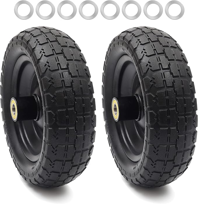 AR-PRO (2-Pack) 10" Flat Free Solid Tire and Wheel - with 5/8" Axle Bore Hole, 2.1" Offset Hub for 10 Inch Wheelbarrow Wheels - Compatible with Garden Cart,Trolleys,Hand Trucks and Yard Trailers