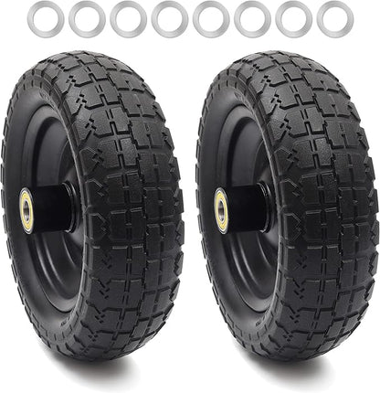 AR-PRO (2-Pack) 10" Flat Free Solid Tire and Wheel - with 5/8" Axle Bore Hole, 2.1" Offset Hub for 10 Inch Wheelbarrow Wheels - Compatible with Garden Cart,Trolleys,Hand Trucks and Yard Trailers