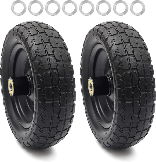 AR-PRO (2-Pack) 10" Flat Free Solid Tire and Wheel - with 5/8" Axle Bore Hole, 2.1" Offset Hub for 10 Inch Wheelbarrow Wheels - Compatible with Garden Cart,Trolleys,Hand Trucks and Yard Trailers